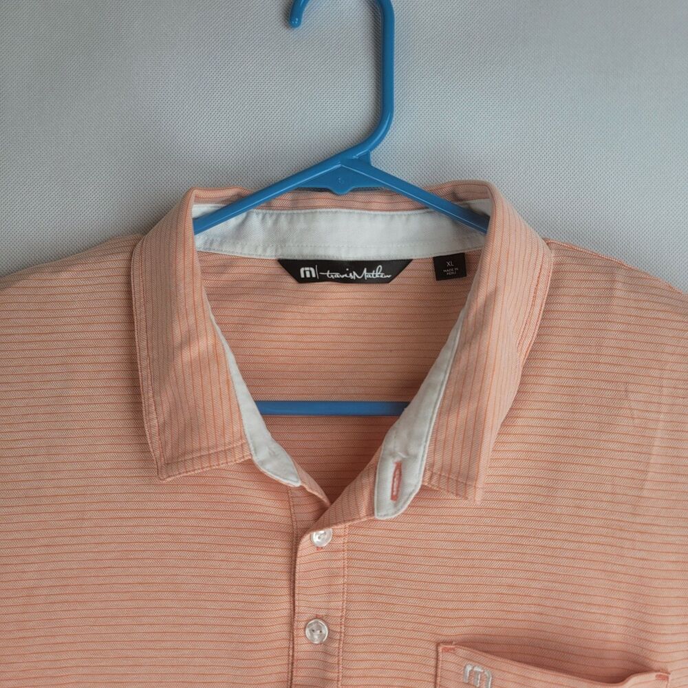 Travis Mathew Mens Size XL Orange Striped Cotton Poly Golf Polo - Picture 2 of 9